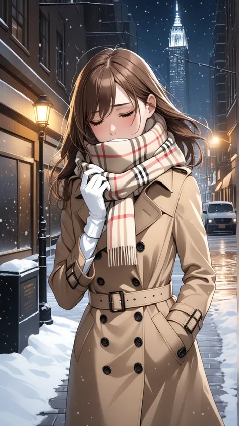 Masterpiece, hd, 1girl with long brown hair sad, crying and sobbing with tears in her eyes wearing a fully buttoned up closed and light beige belted buckle knee-length popped up collar trench coat pulling her mouth & nose covered by a tucked up large burbe...