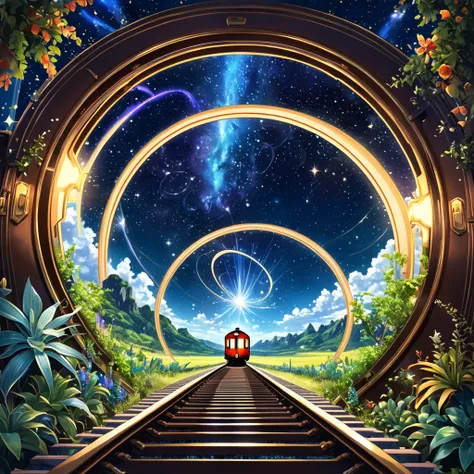 ((train)), ((door)), (  Otherworldly Portals)、Shine,  Fantastic Scenery ,   Strange Plants  , Bright starry sky, time leap, Time flowing ,  spatial distortion ,