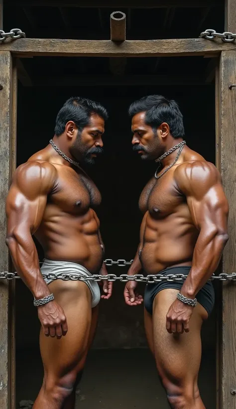 two tamil village  bodybuilder and having moustache and they wearing small v shape underwear and they tied in steel bar horizontally in centre of house  and hand tied in uppper bar and both are slaves..and theif and they are tied with dog chain in neck