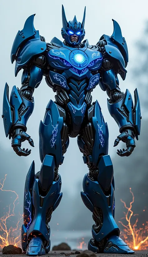 Thor stands as a majestic transformer, his Asgardian armor fused with a muscle car’s design. His metallic frame gleams dark blue with lightning patterns, and his chest bears a glowing storm emblem.

Mjölnir is embedded into his right arm, crackling with en...