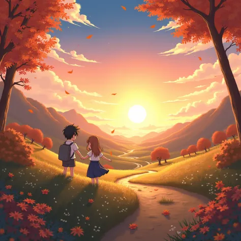 Beautiful sunset atmosphere fantasy cute landscape anime style autumn