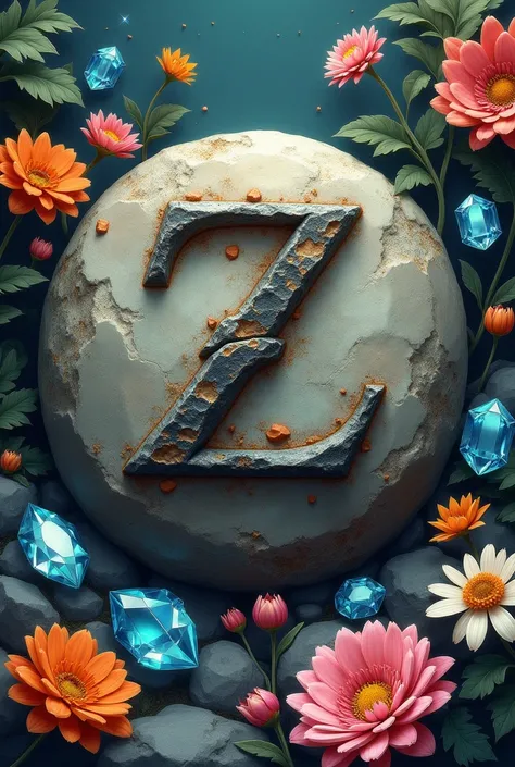 letter Z written on a round and rough stone with a background of gems and flowers 