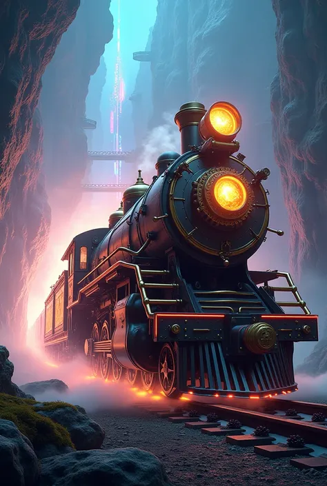 An awe-inspiring steampunk locomotive adorned with intricate golden gears, glowing neon-blue engine cores, and delicate clockwork etchings, barreling through a swirling, multidimensional rift of vibrant colors and shimmering light. The train’s sleek, metal...