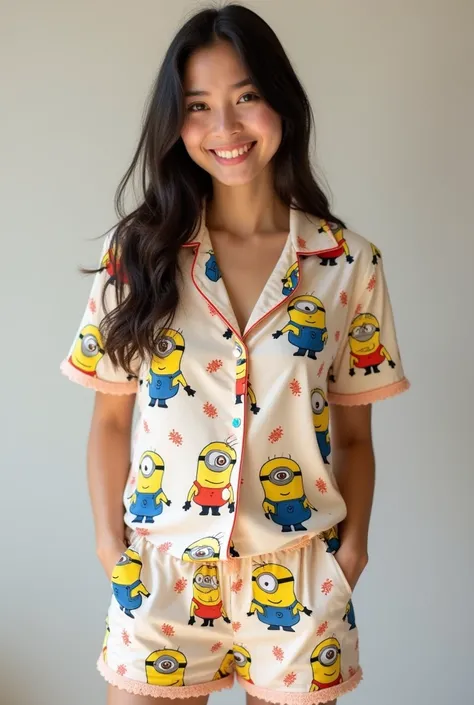 (real picture) a 20 years old teenager girl wearing pajamas with lace minion characters print (standing) full body