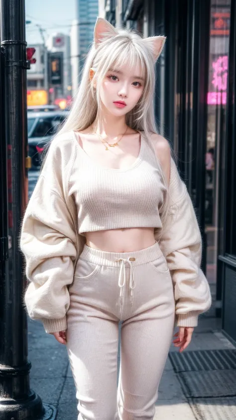 Girl,Medium hair white hair, wearing a pink sweater With love  image llustrated on it, celana panjang putih, big tight chest, high resolution, looking at the camera in a  cyberpunk city,And cat ears on the head in white. Wearing a gold C-shaped necklace,,S...