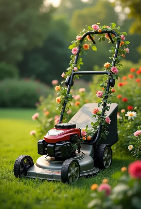 Drawing: Manual lawn mower with flower vine 