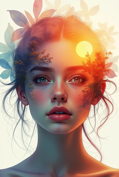 Digital fantasy double exposure one person only facing the front watercolor fairytale Illustration which is a double exposure of a summerscape sunset, by Waterhouse, Carne Griffiths, Minjae Lee, Ana Paula Hoppe, Stylized watercolor art, Intricate, Complex ...