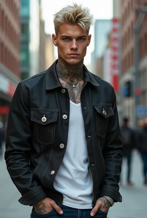  young man,   rubio, blue eyes without beard , tattooed neck, Urban style