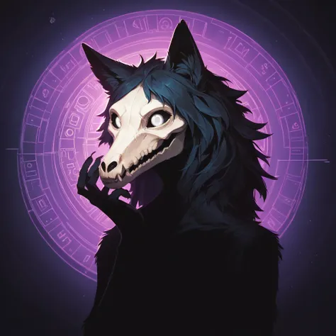 Score_9, Score_8_up, Score_7_up, Score_6_up, masterpiece, best quality, digital art, BREAK, 1girl, solo, Scp-1471Wolf Animal Ears, Black Body Fur, White Eyes, Black Scelera, Anthro Furry, Bone Face, head tilted down, looking away, head in hand, pained, BRE...