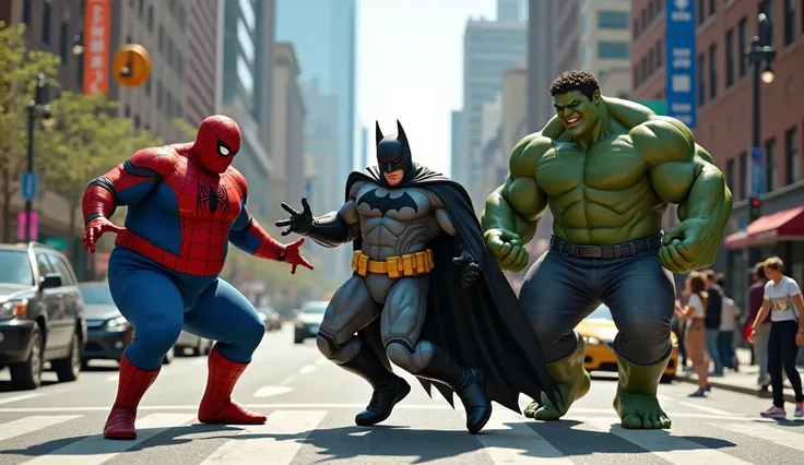 fat spiderman, batman and hulk full image dancing in city road
