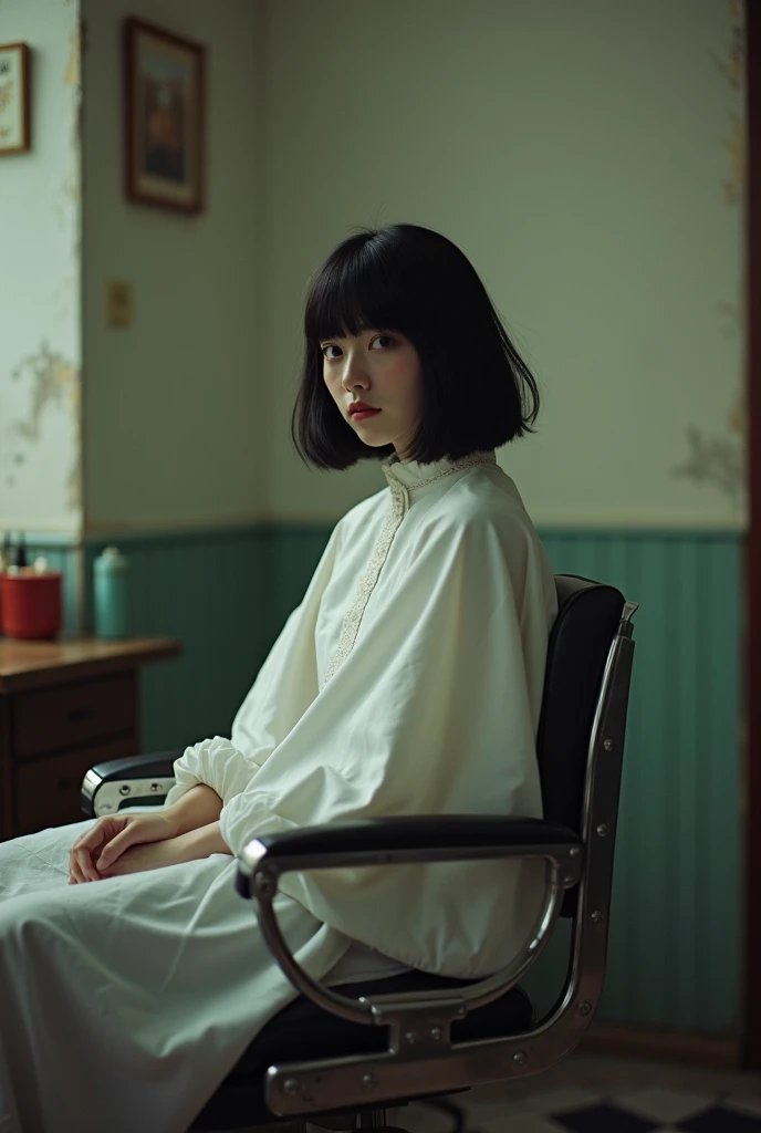  one girl who is at ease,  black hair, bangs, Bob Haircut,  Im wearing a white poncho for a haircut ,  sitting on a barber chair with her back stretched out,  inside an old Showa retro barber shop , Mental Silence , Transcendent Silence,  looking for somet...