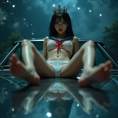 Realistic, Live-Action, (XLabs F.1 Realism LoRA V1), ExtremeAngle, ExtremelyDetailed JK Lying  on the Car,  Spread Knees Up, Haunting Beautiful Reflective Eyes, Coronet, Delicate Clothing textures, Sailor Uniform with Red Ribbon, WhitePanties, corrected le...