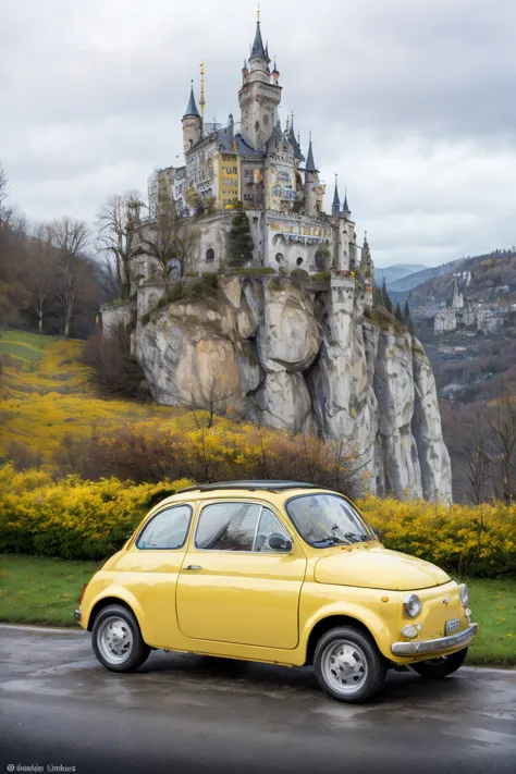 yellow 1975 fiat 500, ultra detailed, best quality, absolutely resolution, masterpiece, a precipitous cliff, lake, (lichtenstein...