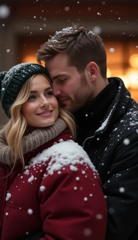 image ((ultra realistic)) in the form of (( portrait)) of the ((couple in the picture ))  dressed in black winter clothes in a snowy park in New York with snow falling 