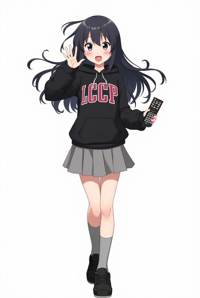 Teenage woman looking forward and with black hair standing in front and her legs and wearing black shoes and knee-length gray socks And black hooded poleron with letters Athletic-style font LCCP on her chest with pink nails gray skirt anime image with a re...