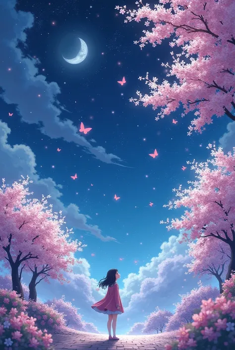  Night sky strewn with stardust 🌌、The moon is shining、Scenery of cherry blossoms blooming in full bloom at night 、Cherry Blossom Snowstorm、 One girl is looking up at the sky 、 Her eyes shine like diamonds, are transparent, and have clear eyes 、 There is gl...