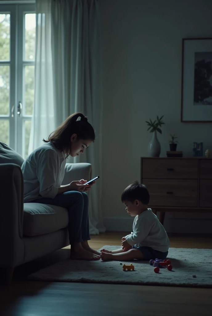 A modern scene depicting a mother deeply engrossed in her mobile phone while sitting on a couch. In the background, her young  is sitting alone on the floor, looking sad and neglected, surrounded by scattered toys. The atmosphere highlights the emotional d...