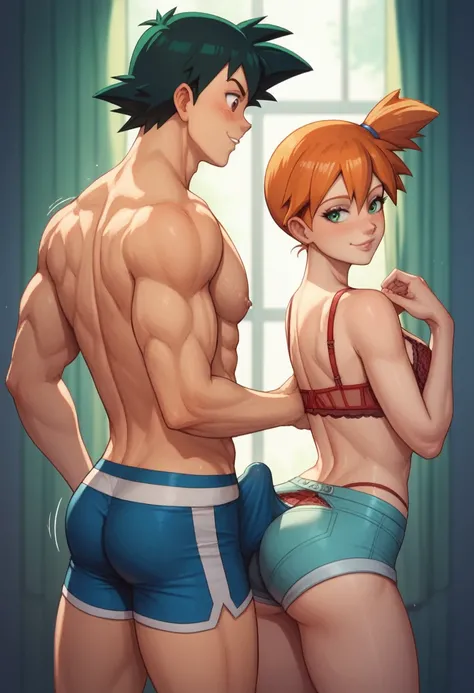 1girl, orange hair, green eyes, misty pokemon, side_ponytail, lingerie, pretty, beautiful girl, curvy girl, 1boy, ash ketchum, black hair, brown eyes, hair between eyes, shirtless, boxer_shorts, erected_penis, erection under clothes, handsome boy, macho, g...