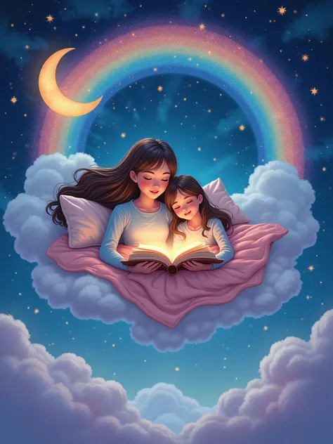 a  girl and his mother, flying dreamily on a cozy bed through the universe, floating gently above a colorful rainbow as they pass by a large, glowing moon. The ren are lying comfortably on the bed, with a calm and enchanted expression, holding an open book...