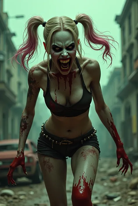 Harley Quinn in the style of ravenous zombies