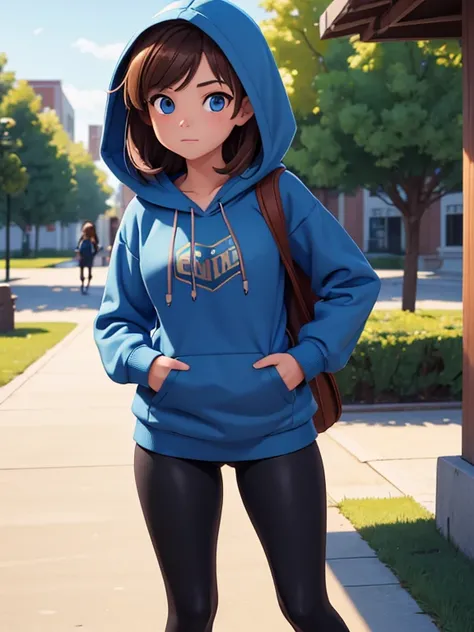 (masterpiece:1.2), best quality, high resolution, unity 8k wallpaper, (illustration:0.8), 1girl, solo, a woman in her early 20s, shes a college freshman, brown hair, blue eyes, (Wearing: Blue hoodie, black leggings). Outdoors on a college campus
