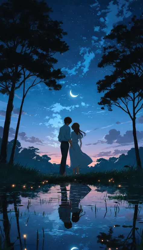 a couple standing in the water at night with a full moon in the sky, beautiful anime scene, ( ( makoto shinkai ) ), very magical and dreamy, anime background, romantic painting, anime background art, dreamy night, beautiful anime, dreamy and romantic, anim...