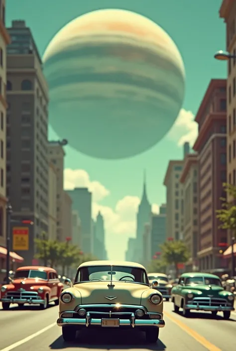 can you make an image in vintage style or retro and the subject is cars on road in a city with big planets on the sky and make it blurry