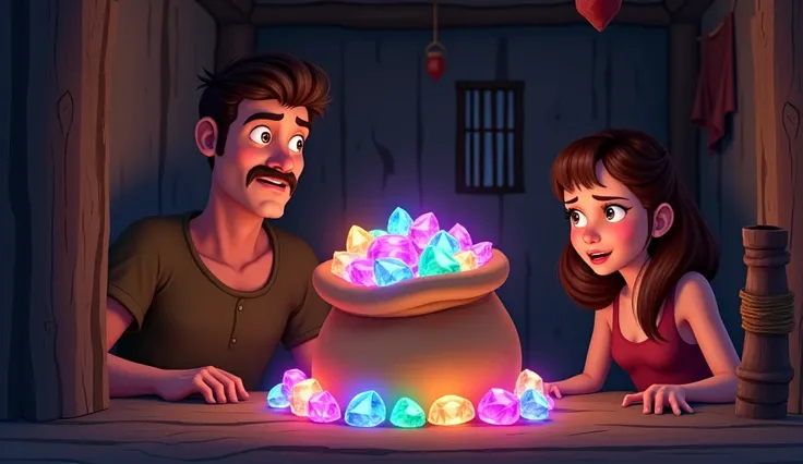 An animated scene inside a simple rural house. A man with a mustache and a woman are gazing in surprise at a large sack filled with colorful, glowing gemstones. The background includes a small barred window, some hanging cloth, and minimal furniture, creat...