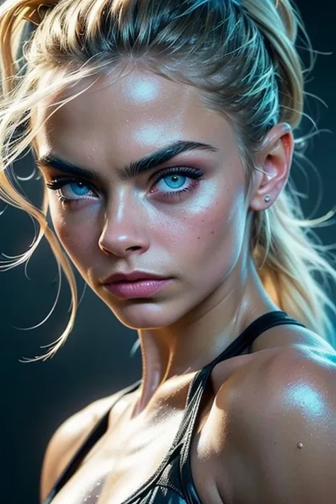 (hyper realistic image,  high resolution, 8k,  super detailed,  masterpiece ) muscle girl, Cara Delevingne, detailed face, makeup, light blonde hair, beautiful body fitness, defined muscles, Parading in flowery bikinis, shiny oily skin,  professional light...