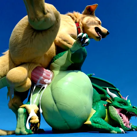 (good quality), ((((duo, feral golden retriever, feral green dragon)))), ((((((cum, huge belly, hands, on side, leg up, feral go...