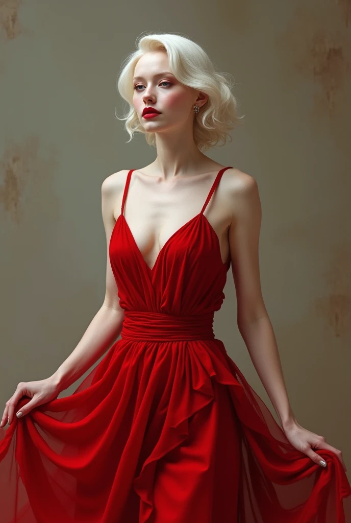 An albino woman with a red dress, with a sexy pose 