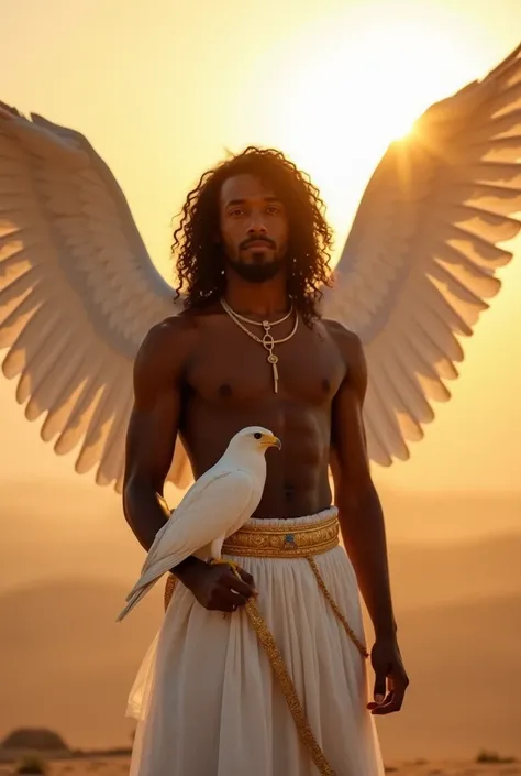 1 black man, Egyptian, 22 years old,  dressed in a white Egyptian skirt tucked up to the knee,  with gold details on the edges ,  make him with curly hair long up to his back , no beard and no mustache, holding a white falcon, make him with the sun behind ...