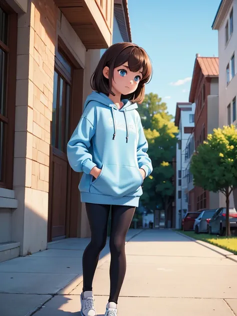 (masterpiece:1.2), best quality, high resolution, unity 8k wallpaper, (illustration:0.8), 1girl, solo, a woman in her early 20s, shes a college freshman, brown hair, blue eyes, (Wearing: Blue hoodie, black leggings and white slip-on shoes). Shes standing. ...