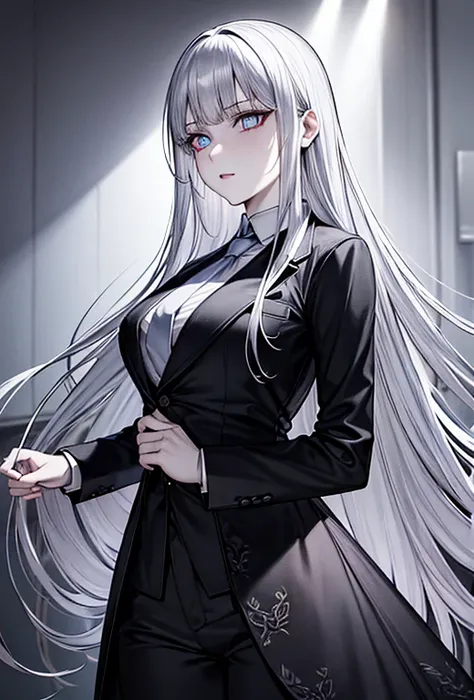 Kakegurui, highres, highest quallity, illustration, ultra detailed, (detailed face), (detailed eyes), cinematic lighting, best quality, hyper detailed, masterpiece,1girl, solo, silver hair, blue lips, bare neck, white shirt, tie, black coat, black trousers...