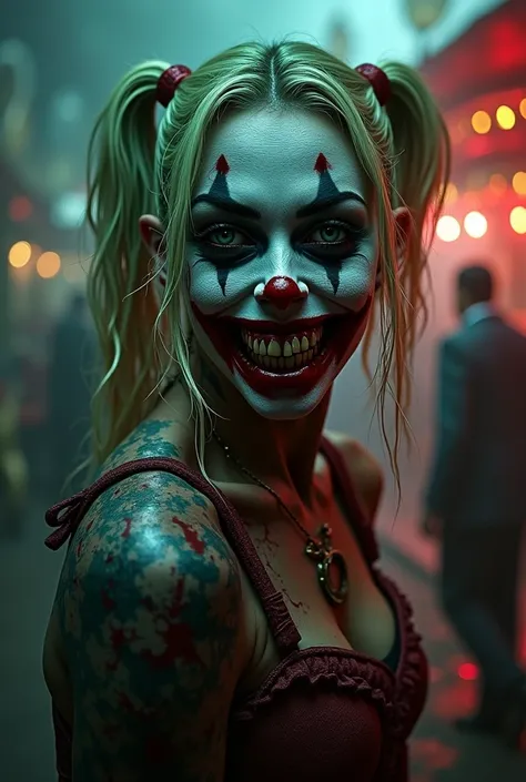 Harley Quinn in the style of terrifying clowns