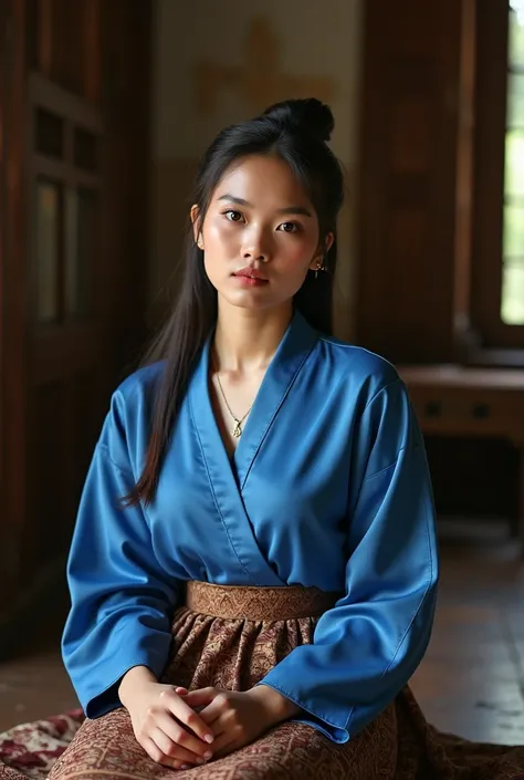 a beautiful female model wearing a blue kebaya and brown batik sarong and she is sitting in a traditional Javanese house and her expression is serious