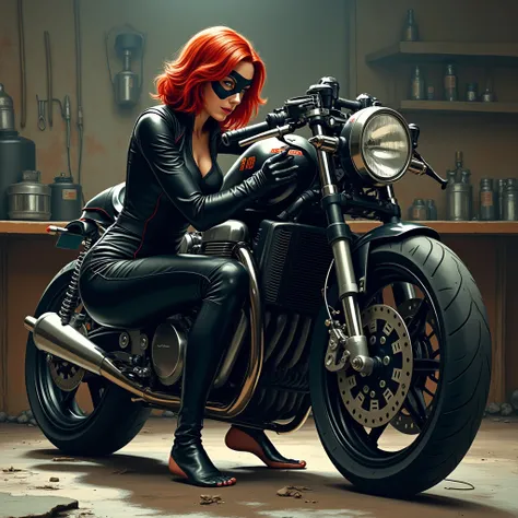 Marvel black widow , pieds nu , repare une moto dans un atelier . Lumière vive et intense éclaire ses pieds 