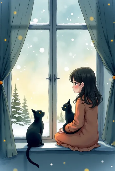 Watercolor drawing. The girl is sitting on the windowsill, outside the window is winter, snowfall, lights, Christmas trees, holding a black cat in her hands. 