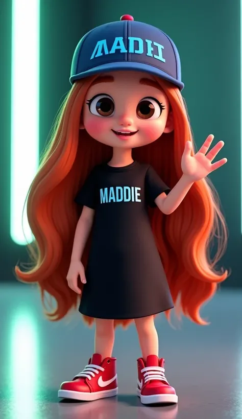 3D cartoon image of a teenager girl with super long red hair, wearing black dress with name MADDIE in front of her dress, wearing a blue cap with "MADDIE" in blue letters, and red Nike sneakers. She is gently smiling, and she is waving with one hand. The b...