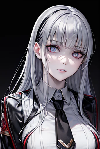 Kakegurui, highres, highest quallity, illustration, ultra detailed, (detailed face), (detailed eyes), cinematic lighting, best quality, hyper detailed, masterpiece,1girl, solo, silver hair, blue lips, bare neck, white shirt, tie, black coat, black trousers...