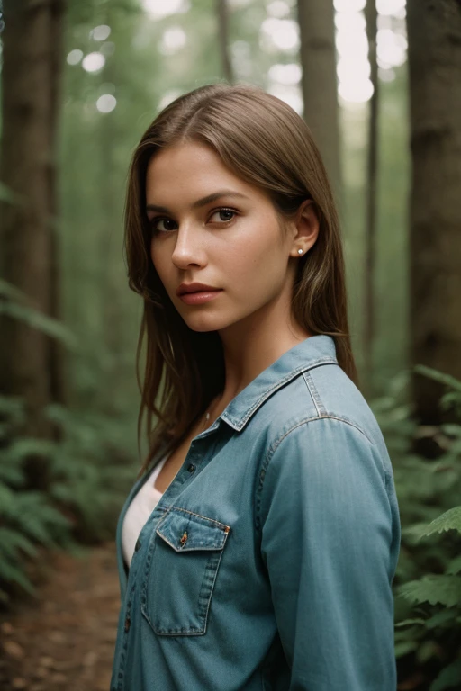 photograph of a woman,(baffled facial expression),textured skin,goosebumps,dirty blonde half-up half-down hair,oversized flannel shirt with ripped skinny jeans and combat boots,portrait,peaceful canopy walkway high above the forest floor offering a unique ...