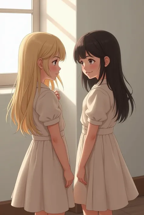 Realistic 
Two girls 
Identical dresses 
One blond hair frowned 
The second dark hair smiles 
Wall window 