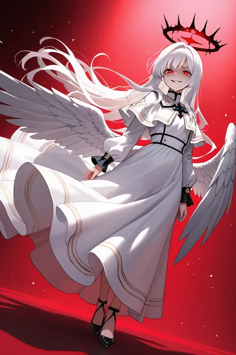  masterpiece,  High resolution, HD model, 1girl, white hair, long hair, floating hair, red eyes, bright eyes, furrowed brow, evil smile, white dress, long dress, black ornaments, red halo, angel wings, open wings, red background, lights, full body,