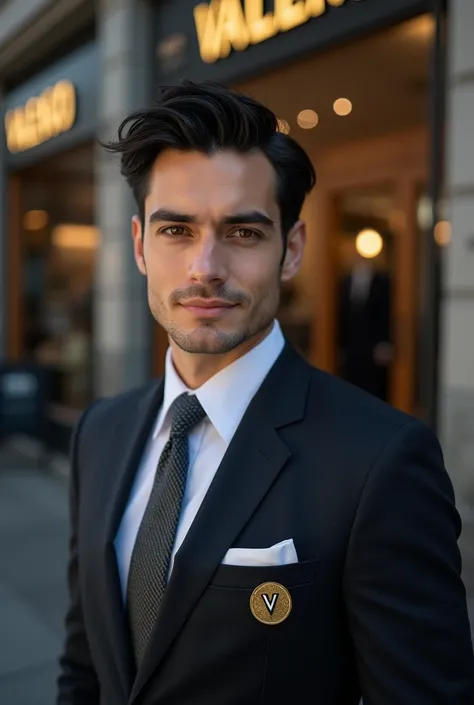 a 30 year old dark haired boy, realistic style, navy blue suit, no tie, in front of Valencio Suits store, gold circle with black V in jacket pocket, highly detailed, 4k, photorealistic, cinematic lighting, beautiful face, striking eyes, sharp focus, profes...