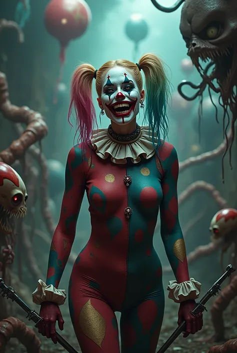 Harley Quinn in the style of Killer Klowns from Outer Space