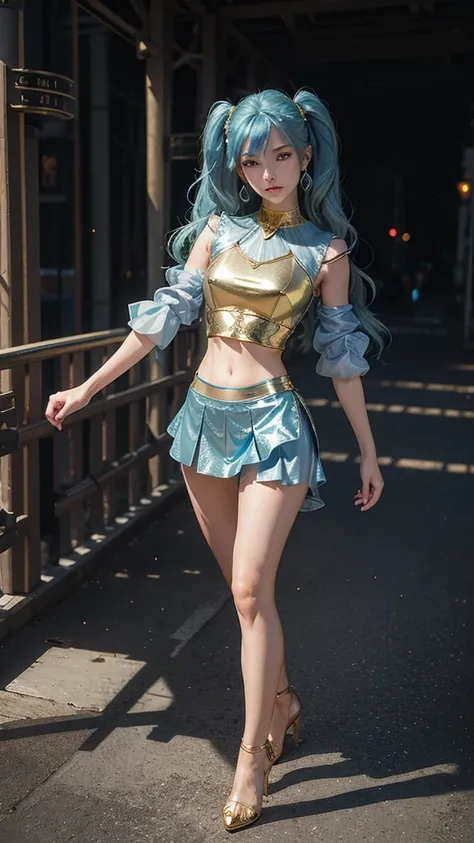 masterpiece, high quality, best Quality, beautiful, perfect lighting, detailed face, detailed body, 1girl, solo, elf, (blue hair, twintails, side spiral curls, long hair), pointy ears, blue eyes, medium breasts, ((gold iridescent gradient, tight crop top, ...