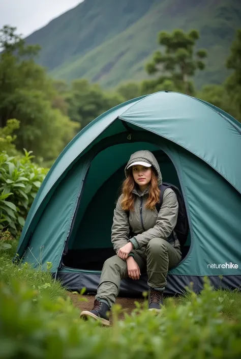 A photo of a beautiful woman sitting on entrance of a tent labelled Naturehike, which is shaped like a dome, located at the foot of a volcano. The entrance of the tent is visible. The background is lush green vegetation typical of a tropical environment. T...