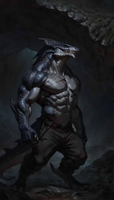 sharkfolk, anthro shark, solo, portrait, scaly, detailed scales, experienced predator,monster, grin, gray scaly body, matte body, toned, muscular anthro, big muscles, scars on body, 1male solo, anthro, muscular, thick neck, thick tail, pants, marked jaw, w...