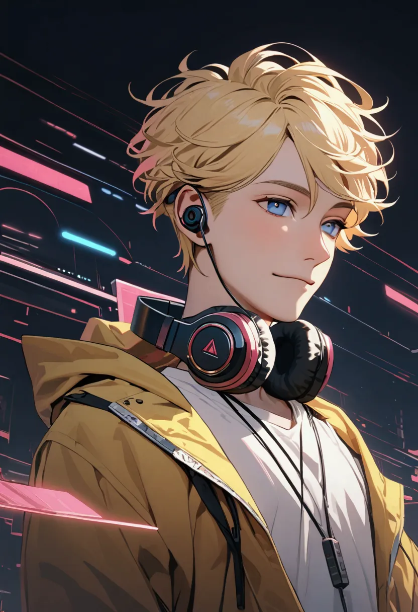 a young man with short blond hair, headphones around his neck, blue eyes, an open yellow jacket, white shirt, slight smile, huge...