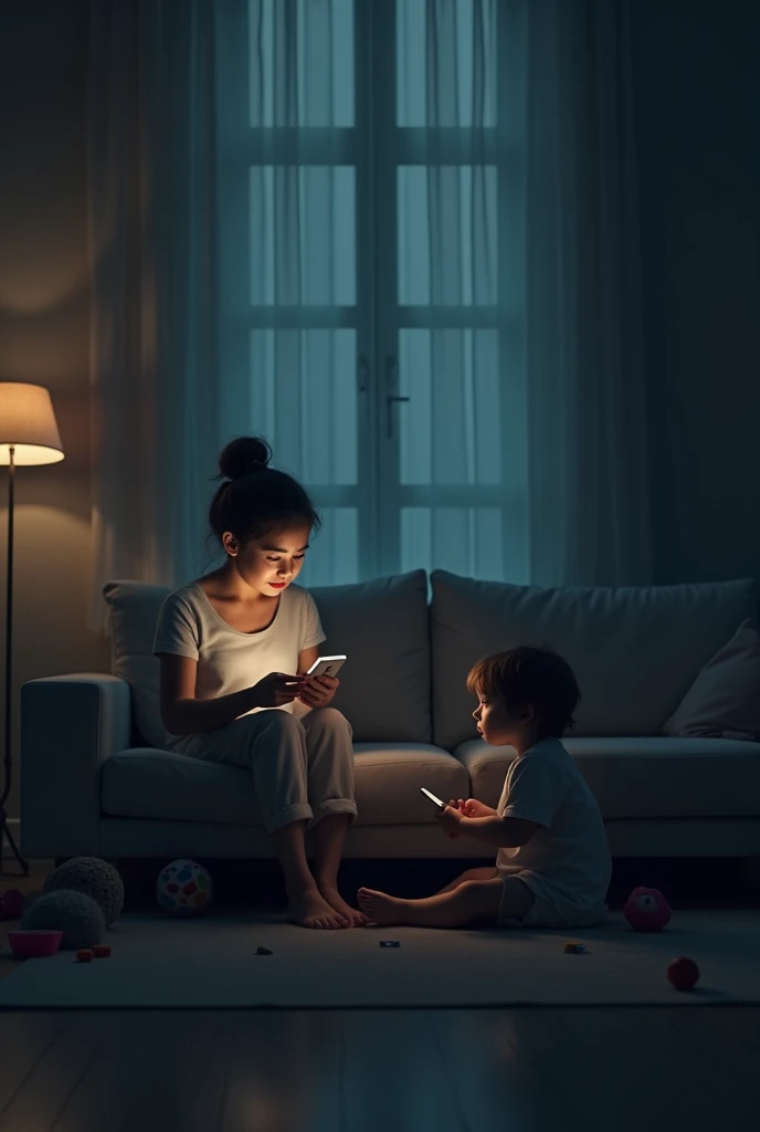 A poignant modern living room scene where a mother sits on a sleek couch, completely absorbed in her glowing smartphone, her face illuminated but devoid of expression. Nearby, a small  sits on the floor amidst scattered toys, their wide, sad eyes gazing to...